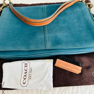 Coach turquoise suede and leather clutch. Possibly vintage. 13.5x8xs.2.5.